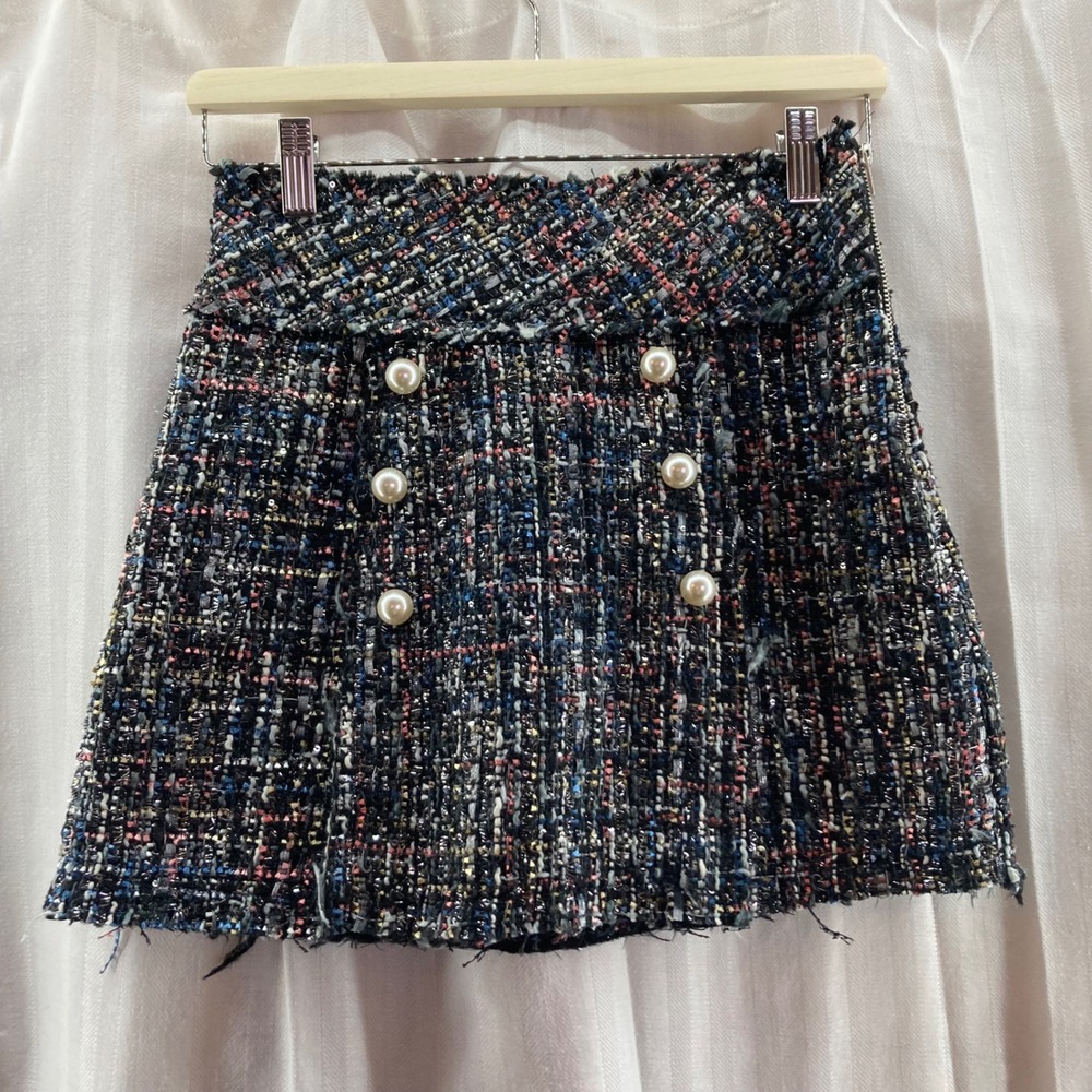 Zara Traf Collection‎ Tweed Mini Skirt Pearl Button Accents Women's XS